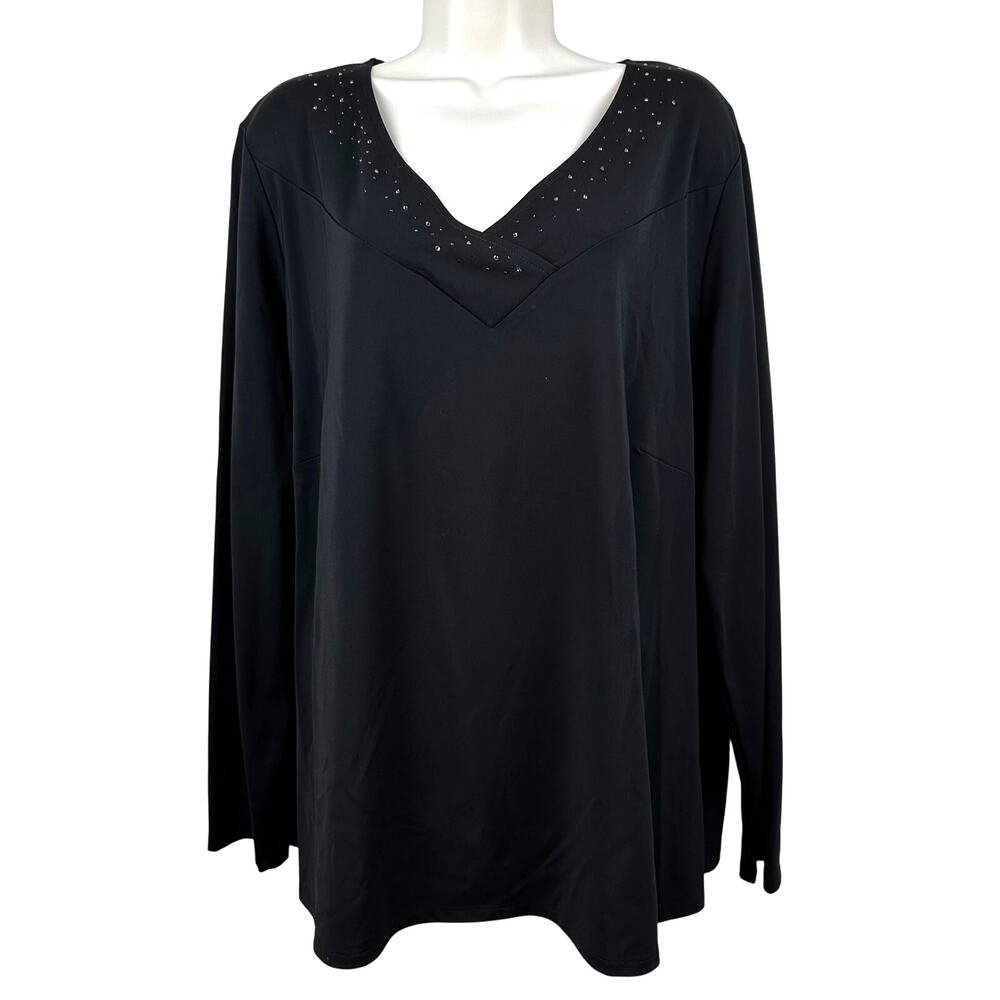 Talbots Vintage Blouse Top V-Neck Long Sleeve Stretch Knit Rhinestones Black 2X